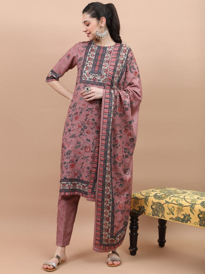 Vishudh Women Pink Printed Kurta With Trouser And Dupatta - Pink - Image 1