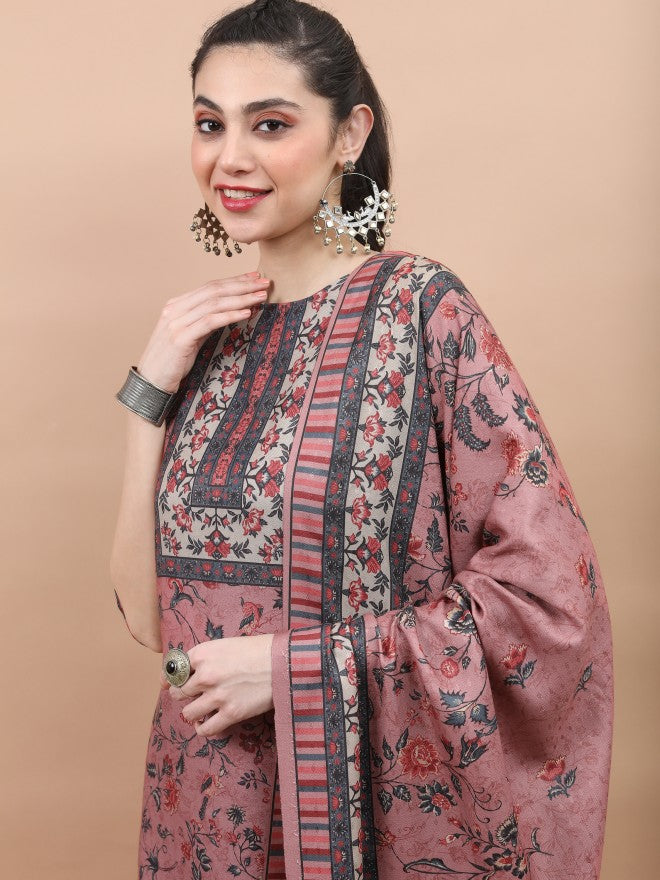 Vishudh Women Pink Printed Kurta With Trouser And Dupatta - Pink - Image 2