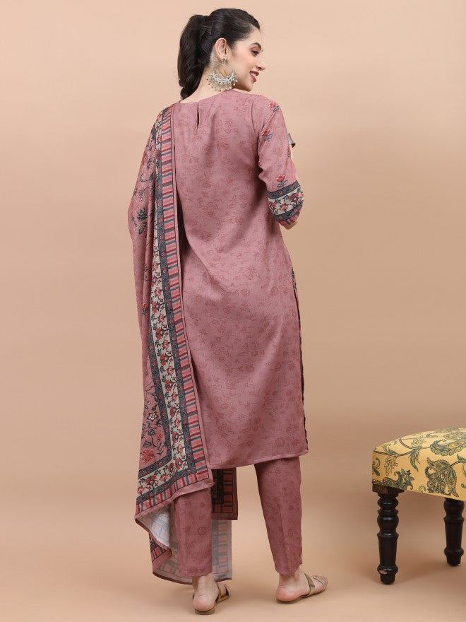 Vishudh Women Pink Printed Kurta With Trouser And Dupatta - Pink - Image 3