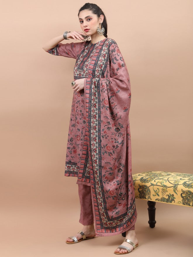 Vishudh Women Pink Printed Kurta With Trouser And Dupatta - Pink - Image 4