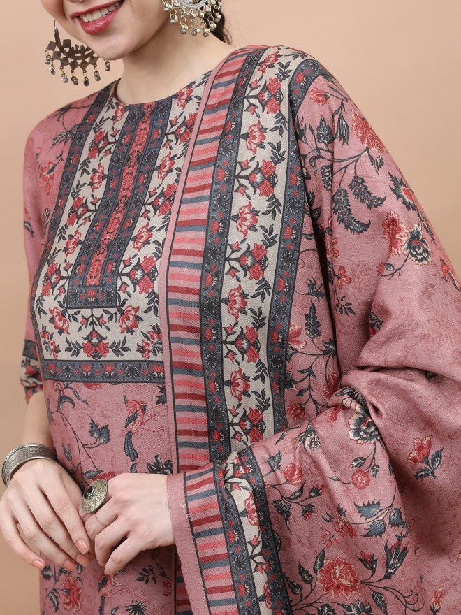 Vishudh Women Pink Printed Kurta With Trouser And Dupatta - Pink - Image 5