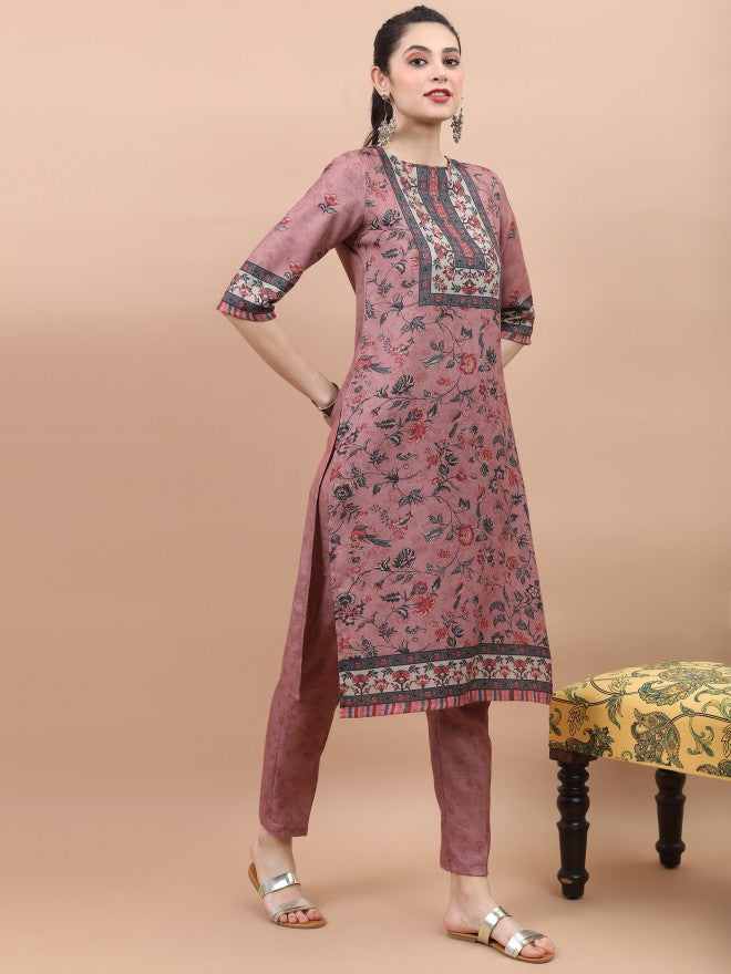 Vishudh Women Pink Printed Kurta With Trouser And Dupatta - Pink - Image 6