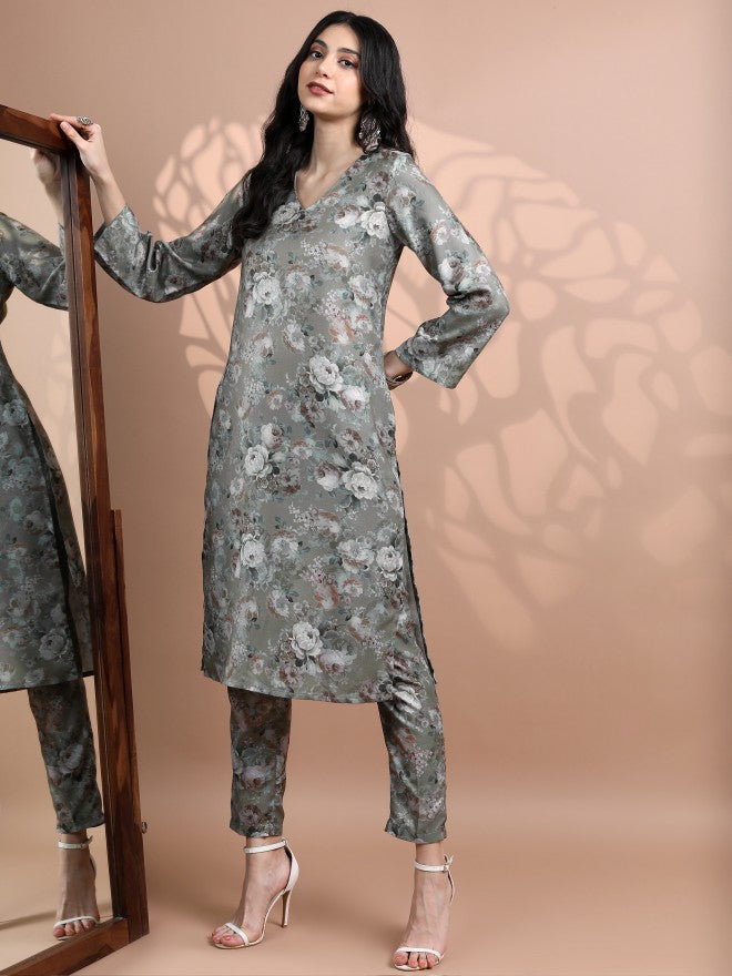 Vishudh Women Green Printed Kurta With Trouser - Green - Image 1