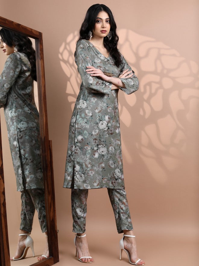 Vishudh Women Green Printed Kurta With Trouser - Green - Image 5