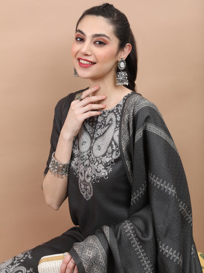 Vishudh Women Olive Printed Kurta With Palazzo And Dupatta - Olive - Image 2