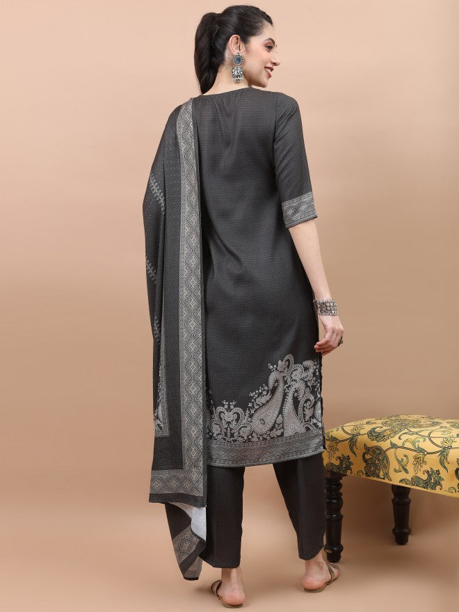 Vishudh Women Olive Printed Kurta With Palazzo And Dupatta - Olive - Image 3