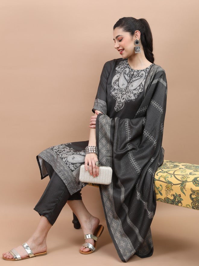 Vishudh Women Olive Printed Kurta With Palazzo And Dupatta - Olive - Image 4