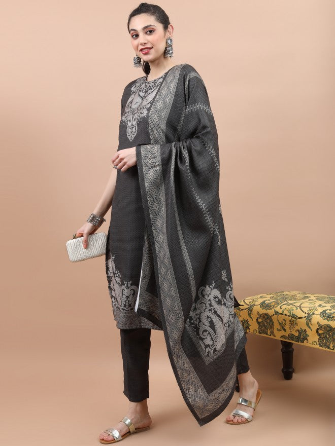 Vishudh Women Olive Printed Kurta With Palazzo And Dupatta - Olive - Image 5