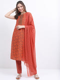Vishudh Women Terracotta Printed Kurta With Trouser And Dupatta - Terracotta - Image 1