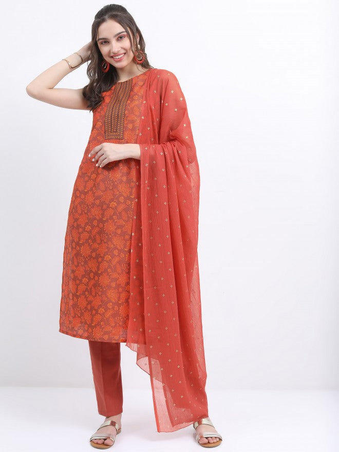 Vishudh Women Terracotta Printed Kurta With Trouser And Dupatta - Terracotta - Image 1
