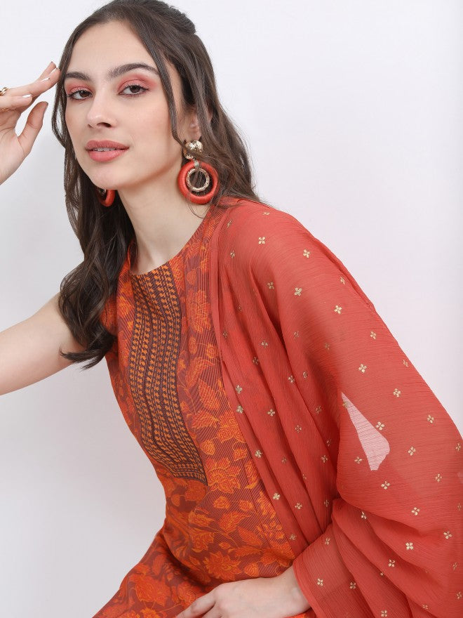 Vishudh Women Terracotta Printed Kurta With Trouser And Dupatta - Terracotta - Image 2