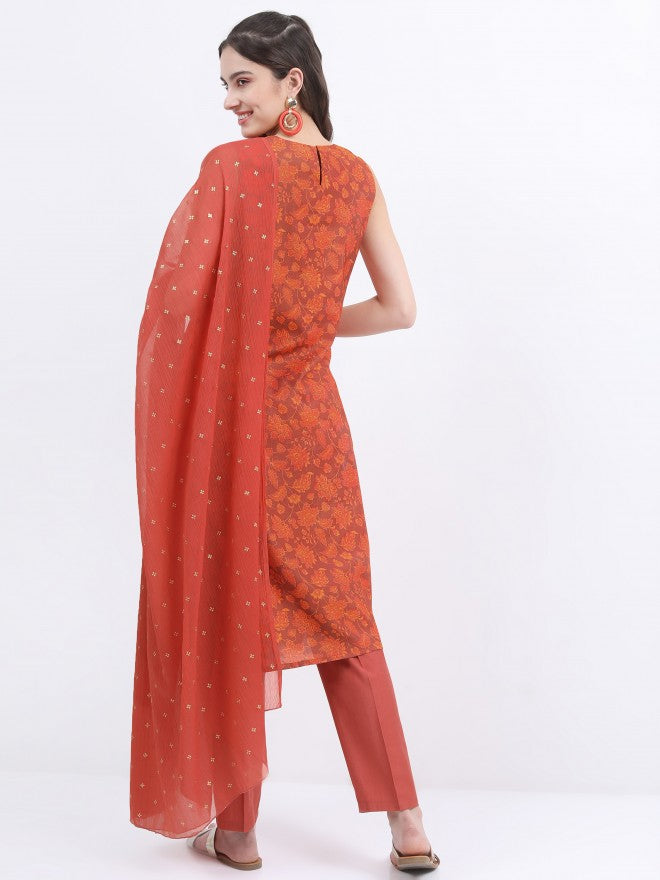 Vishudh Women Terracotta Printed Kurta With Trouser And Dupatta - Terracotta - Image 3