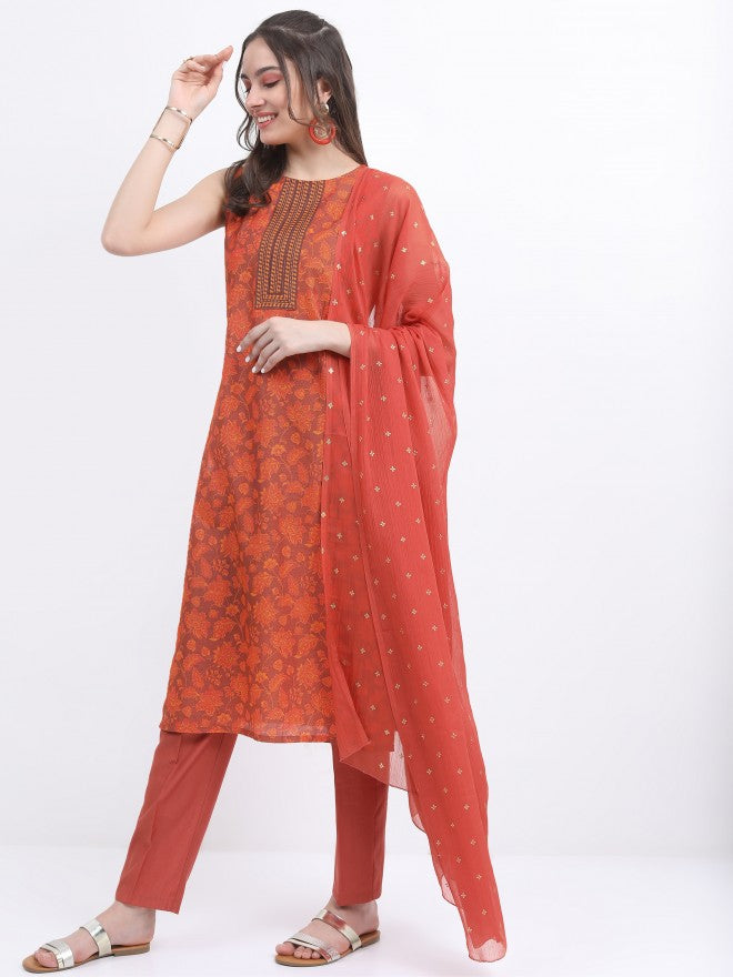 Vishudh Women Terracotta Printed Kurta With Trouser And Dupatta - Terracotta - Image 4