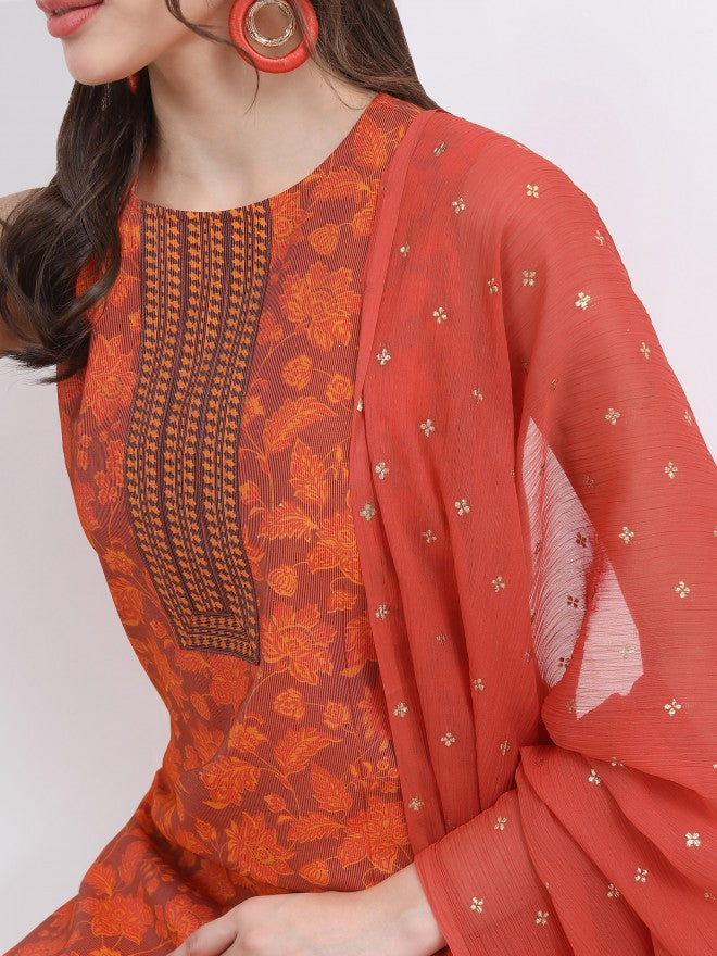Vishudh Women Terracotta Printed Kurta With Trouser And Dupatta - Terracotta - Image 5