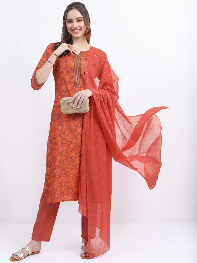 Vishudh Women Terracotta Printed Kurta With Trouser And Dupatta - Terracotta - Image 1