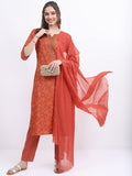 Vishudh Women Terracotta Printed Kurta With Trouser And Dupatta - Terracotta - Image 1