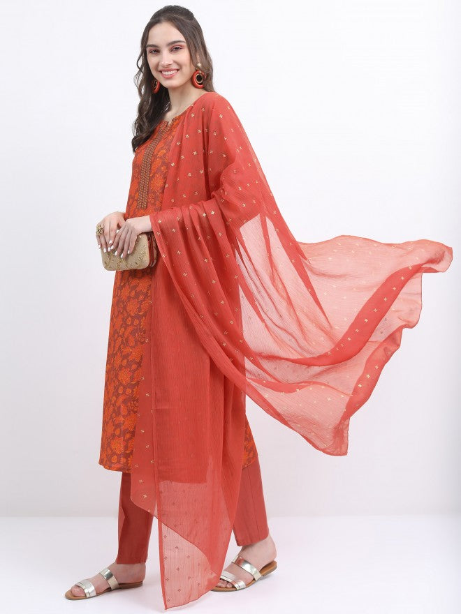 Vishudh Women Terracotta Printed Kurta With Trouser And Dupatta - Terracotta - Image 2