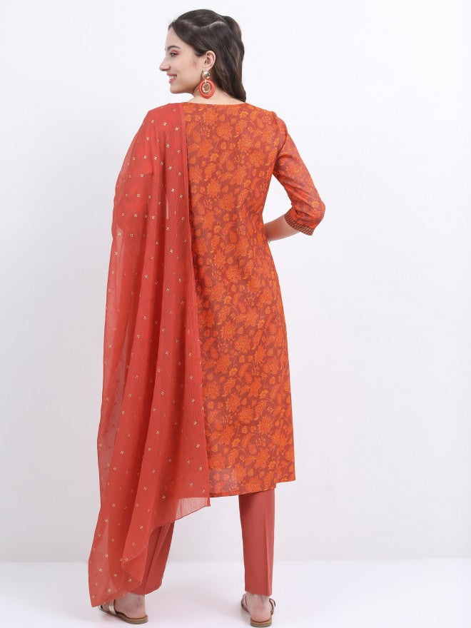 Vishudh Women Terracotta Printed Kurta With Trouser And Dupatta - Terracotta - Image 3