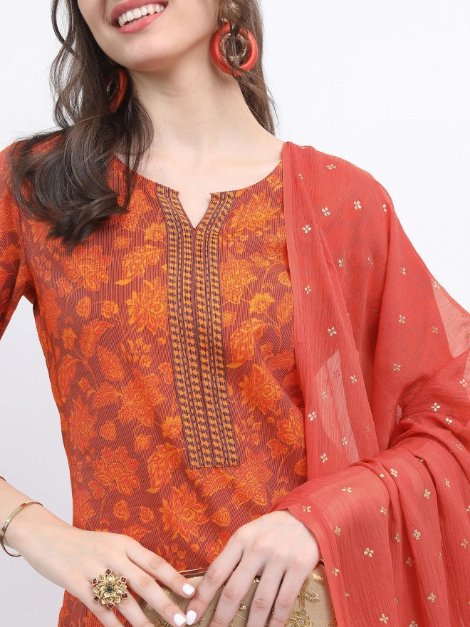 Vishudh Women Terracotta Printed Kurta With Trouser And Dupatta - Terracotta - Image 4
