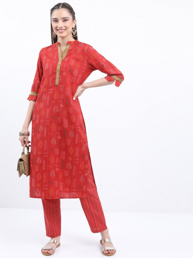 Vishudh Women Red Printed Kurta With Trouser - Red - Image 1