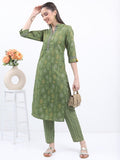 Vishudh Women Olive Printed Kurta With Trouser - Olive - Image 1