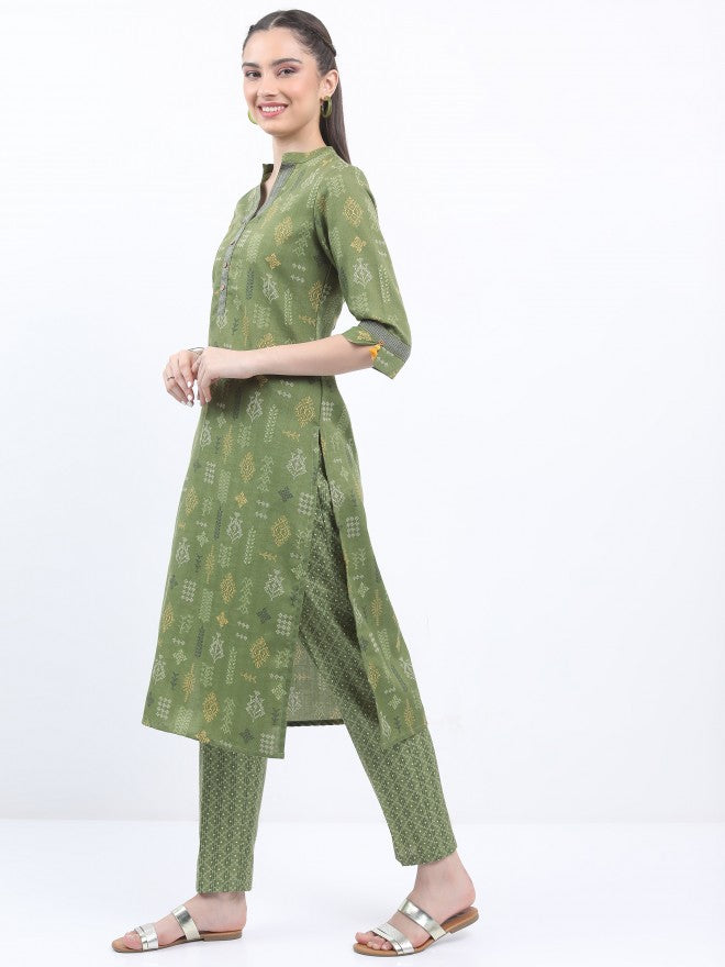 Vishudh Women Olive Printed Kurta With Trouser - Olive - Image 2