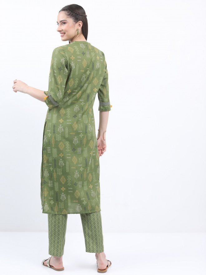 Vishudh Women Olive Printed Kurta With Trouser - Olive - Image 3