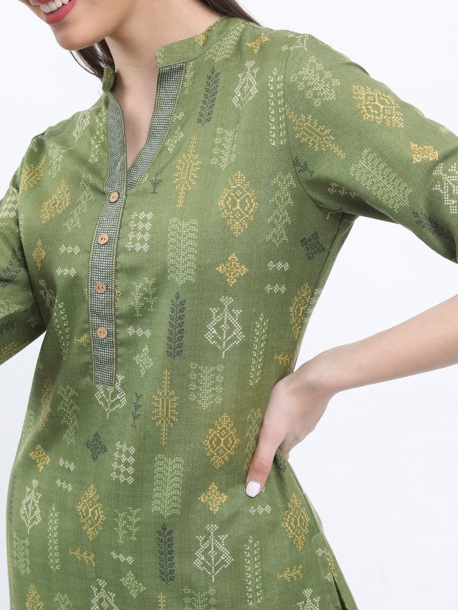 Vishudh Women Olive Printed Kurta With Trouser - Olive - Image 4