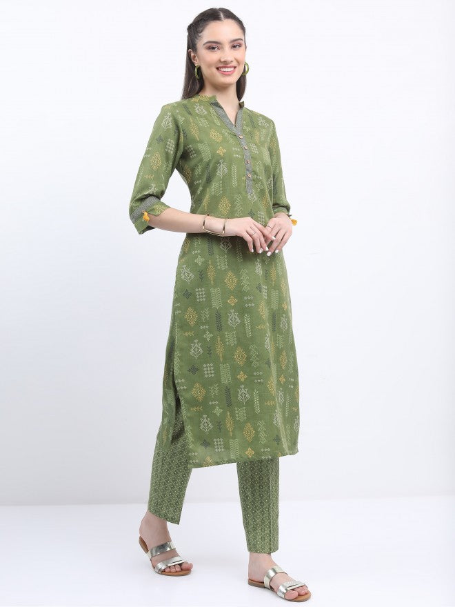 Vishudh Women Olive Printed Kurta With Trouser - Olive - Image 5