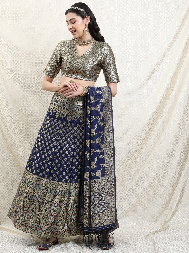Vishudh Blue Ethnic Motifs Semi stitched Blouse & Lehenga With Dupatta - Blue - Image 1