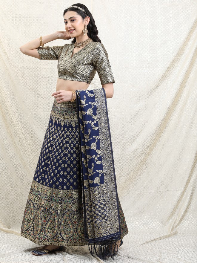 Vishudh Blue Ethnic Motifs Semi stitched Blouse & Lehenga With Dupatta - Blue - Image 4