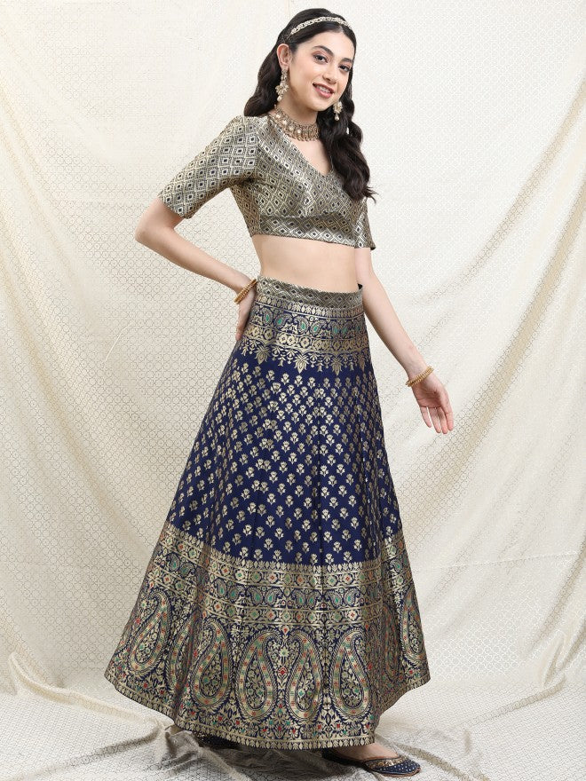 Vishudh Blue Ethnic Motifs Semi stitched Blouse & Lehenga With Dupatta - Blue - Image 5