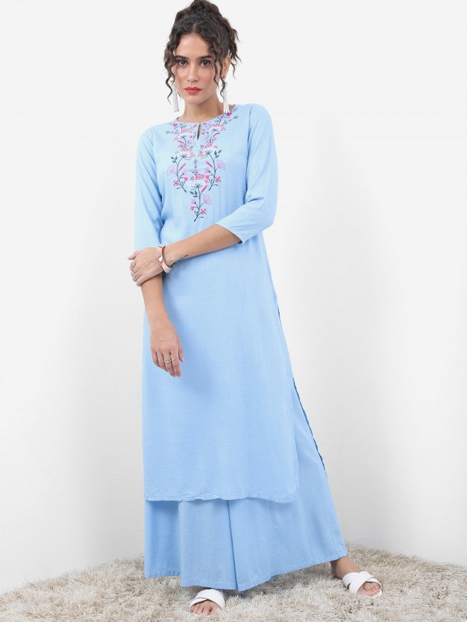 Vishudh Women Blue Embroidered Straight Kurta With Palazzo - Blue - Image 1