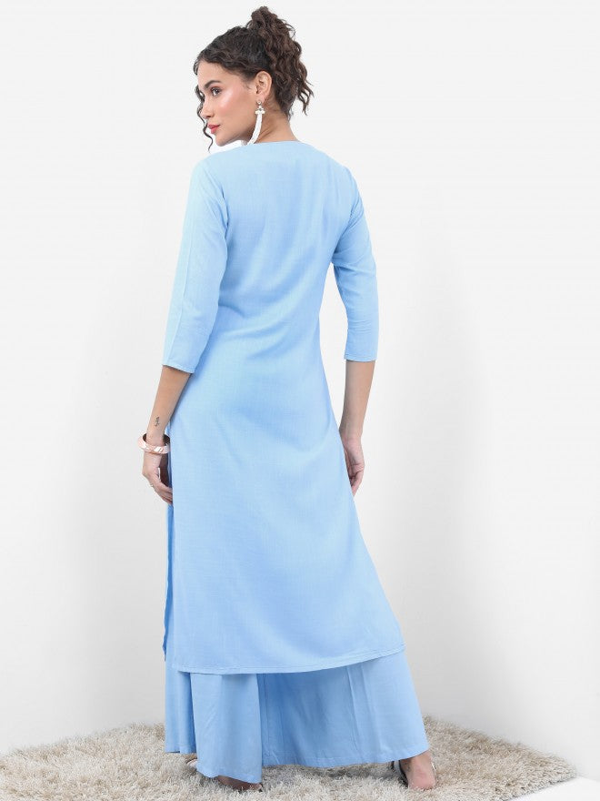 Vishudh Women Blue Embroidered Straight Kurta With Palazzo - Blue - Image 3