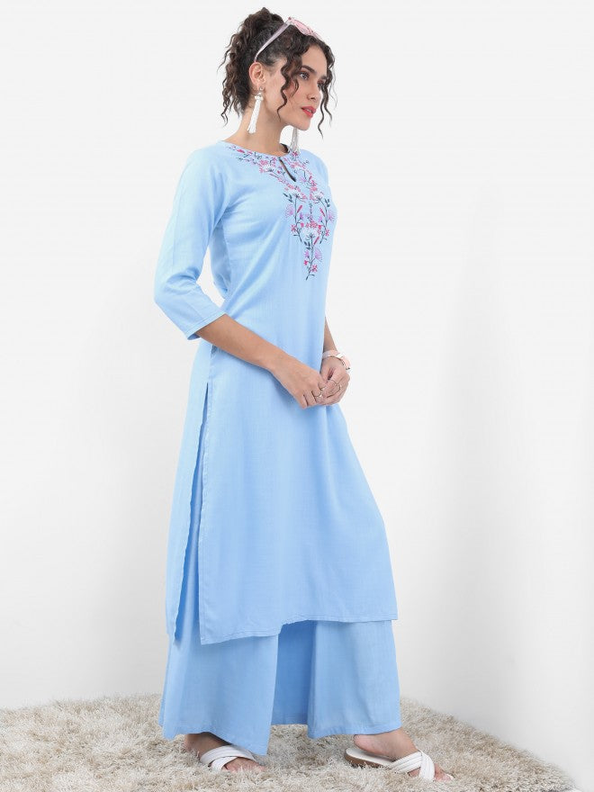 Vishudh Women Blue Embroidered Straight Kurta With Palazzo - Blue - Image 4
