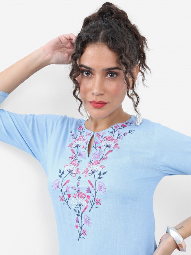Vishudh Women Blue Embroidered Straight Kurta With Palazzo - Blue - Image 8