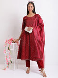 Vishudh Women Maroon Printed Kurta with Trouser And Dupatta - Maroon - Image 1