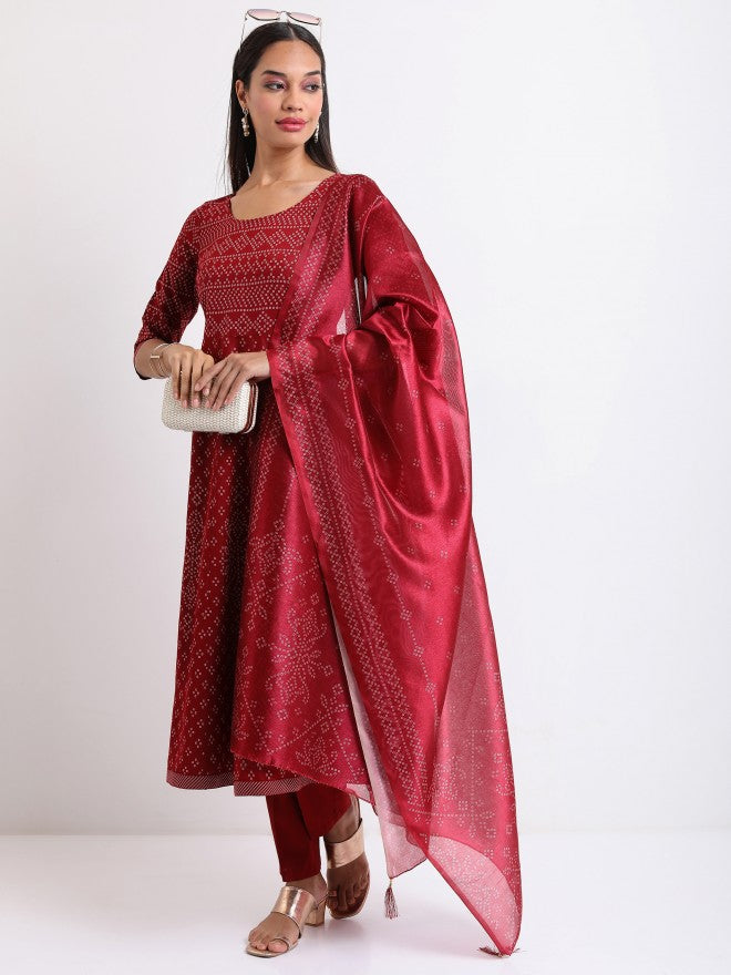 Vishudh Women Maroon Printed Kurta with Trouser And Dupatta - Maroon - Image 2