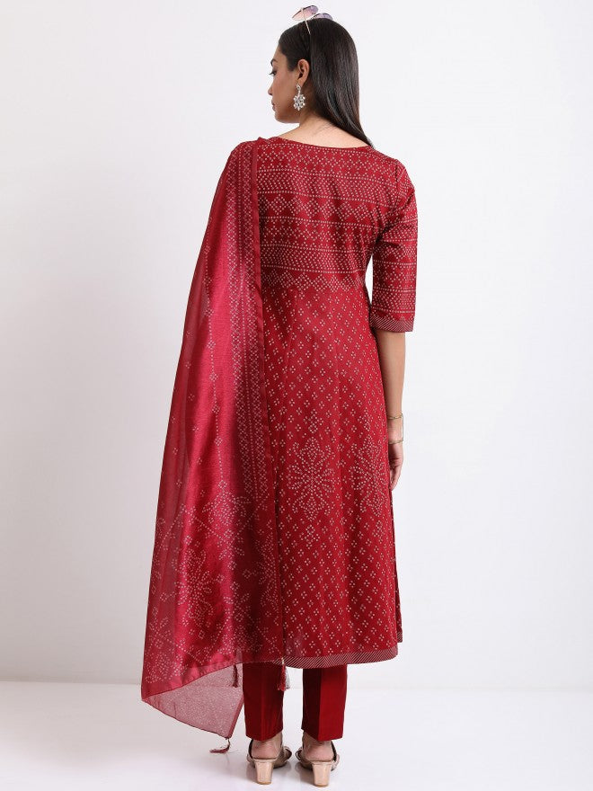 Vishudh Women Maroon Printed Kurta with Trouser And Dupatta - Maroon - Image 3