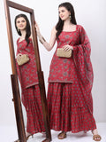 Vishudh Women Red Printed Kurta With Sharara And Dupatta - Red - Image 1