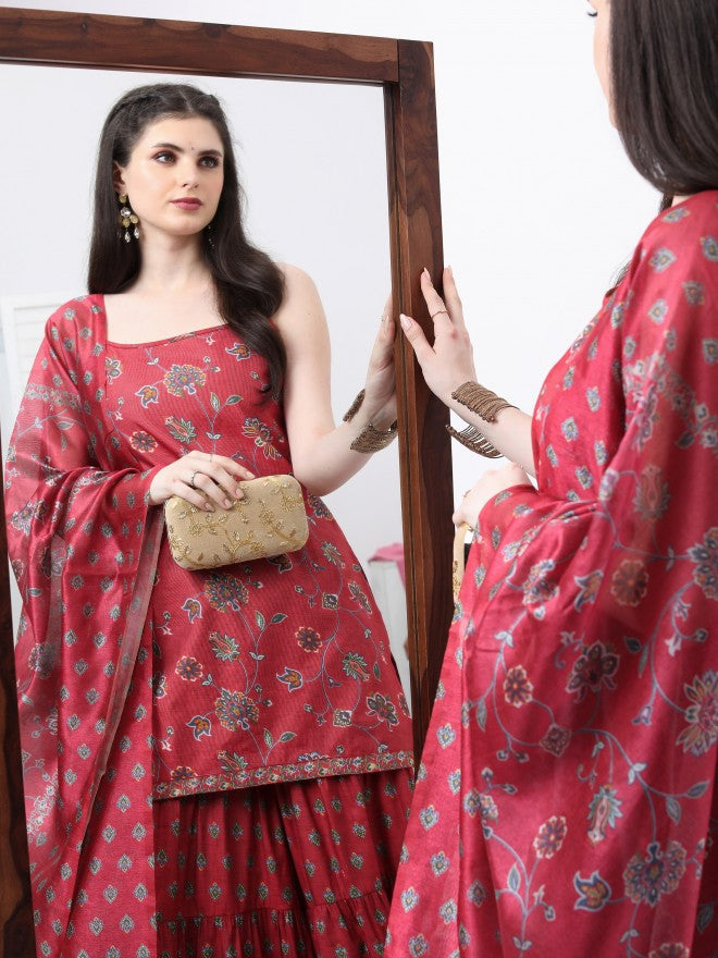 Vishudh Women Red Printed Kurta With Sharara And Dupatta - Red - Image 2