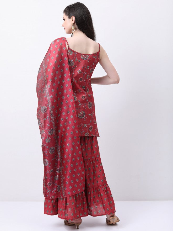 Vishudh Women Red Printed Kurta With Sharara And Dupatta - Red - Image 3