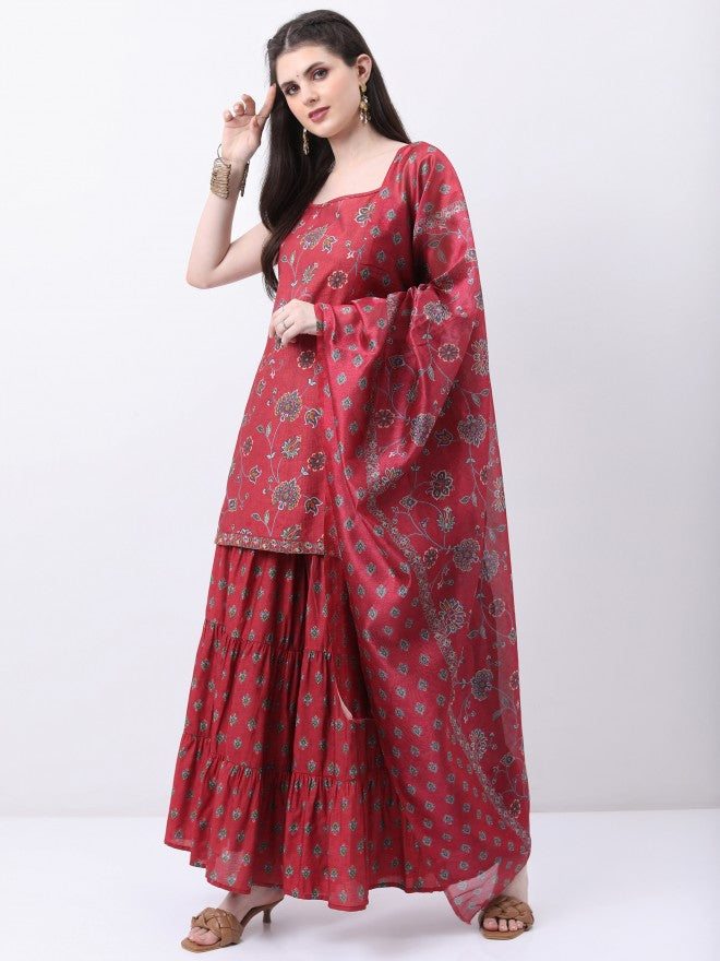 Vishudh Women Red Printed Kurta With Sharara And Dupatta - Red - Image 4