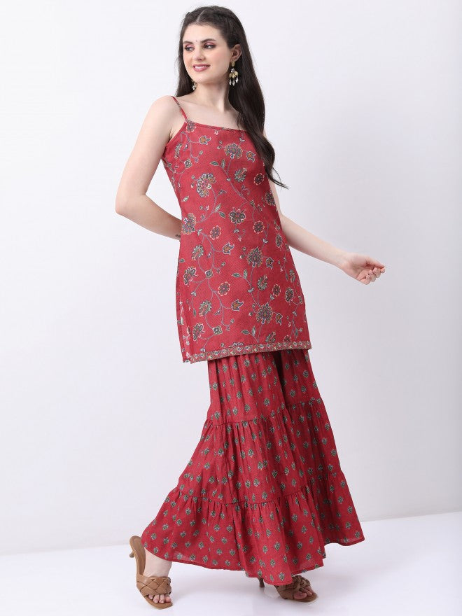 Vishudh Women Red Printed Kurta With Sharara And Dupatta - Red - Image 6