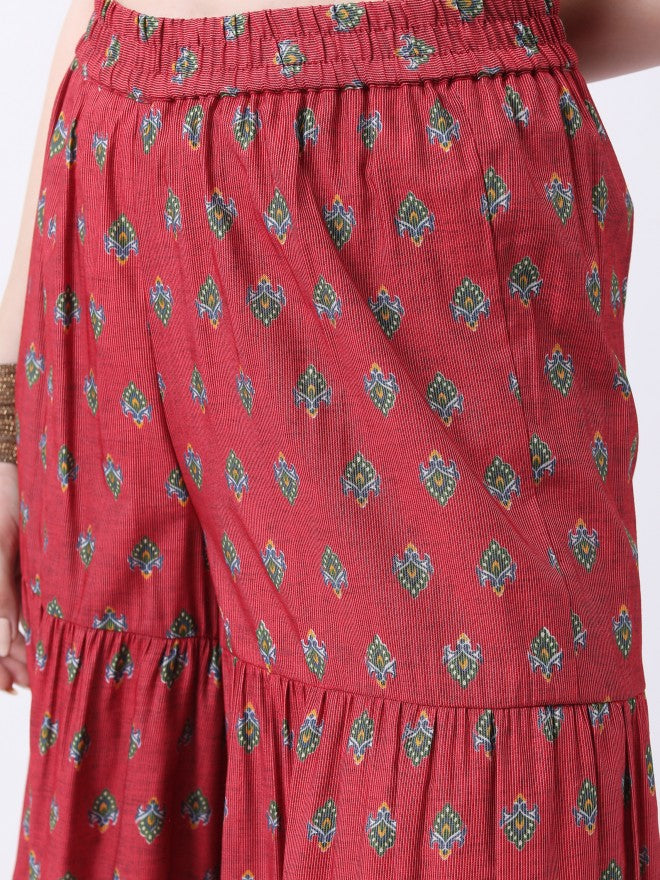 Vishudh Women Red Printed Kurta With Sharara And Dupatta - Red - Image 8