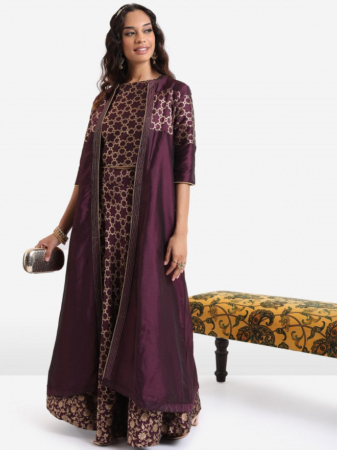 Vishudh Women Mauve Printed Crop Top With Skirt And Jacket - Mauve - Image 1
