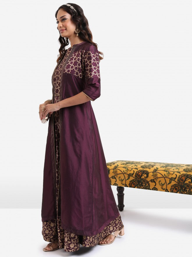 Vishudh Women Mauve Printed Crop Top With Skirt And Jacket - Mauve - Image 2
