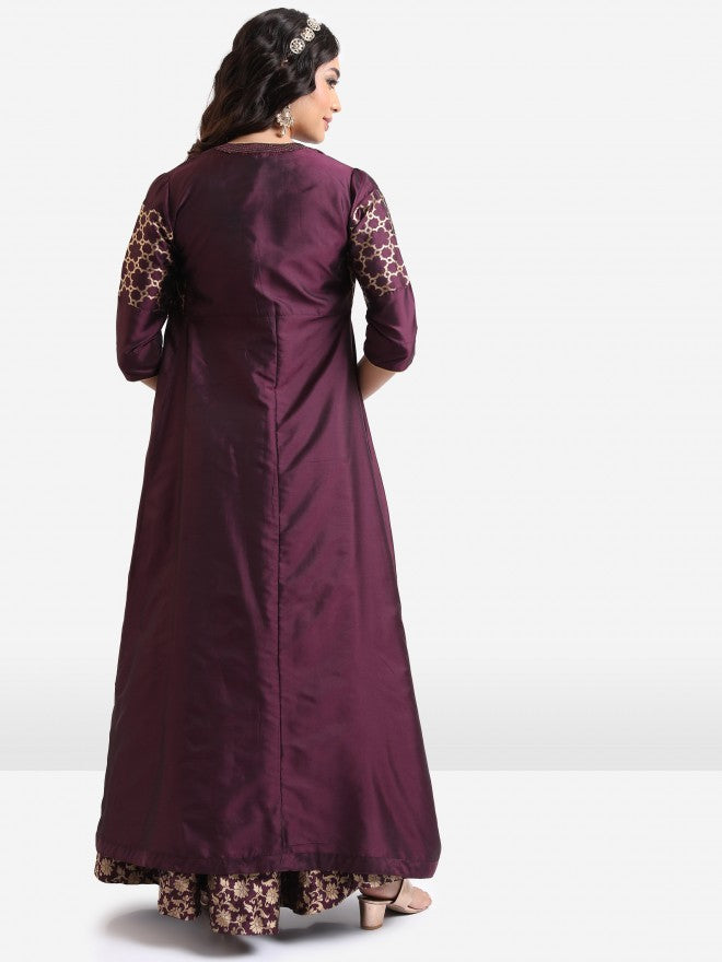 Vishudh Women Mauve Printed Crop Top With Skirt And Jacket - Mauve - Image 3