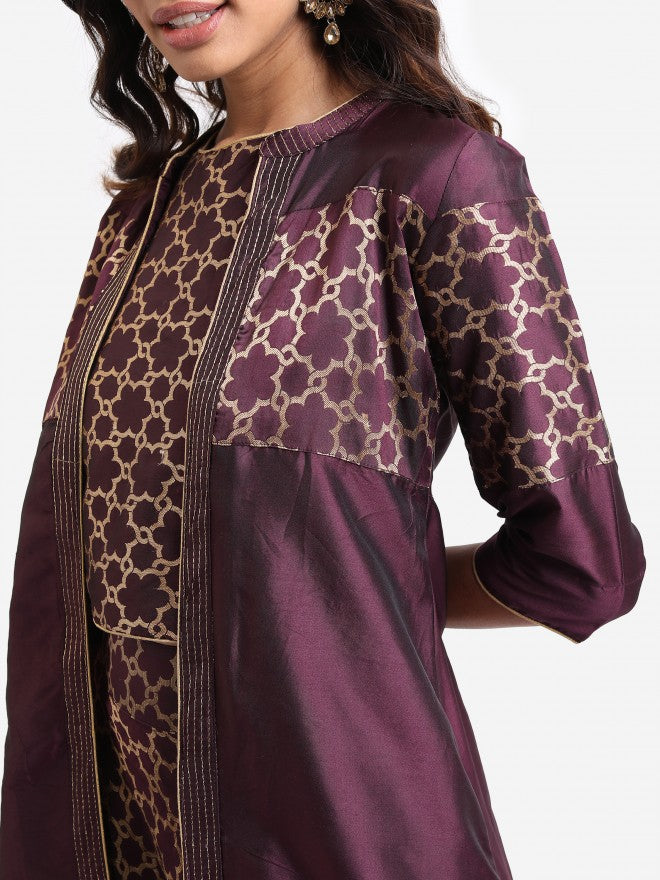 Vishudh Women Mauve Printed Crop Top With Skirt And Jacket - Mauve - Image 4