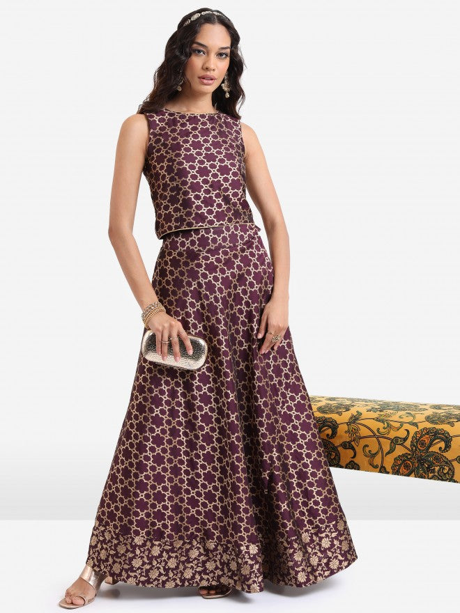 Vishudh Women Mauve Printed Crop Top With Skirt And Jacket - Mauve - Image 5